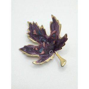 3D Vintage Leaf Brooch Purple Pink Blue  Enamel Heavy Gold Plated Finish 2 1/4"